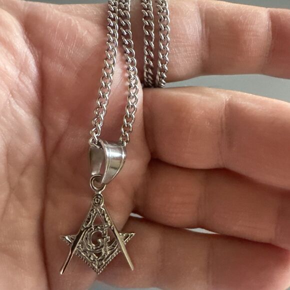 Men's Free Mason Stainless Steel Freemason Symbol Masonic Pendant Chain Silver - Picture 5 of 6
